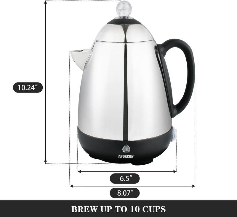 APOXCON Electric Coffee Percolator Stainless Steel Coffee Maker with Clear Brew Progress Knob and No-Drip Spout Auto Keep Warm & Cordless Serving Coffee pot with On/OFF Switch Fast Brew (10 Cup) - Image 2